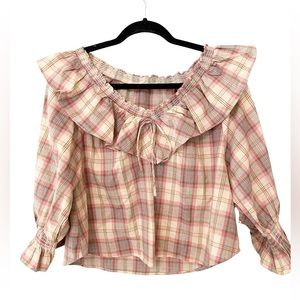 Day +‎ Moon Ruffled Cropped Blouse Off The Shoulder 100% Plaid Cotton Medium
